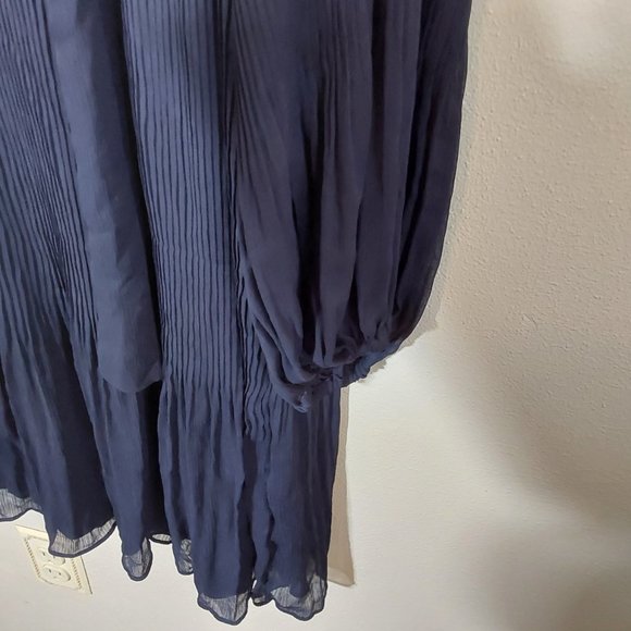 NWT! DKNY Long-Sleeve Tie-Neck Pleated Shift Dress Blue Georgette - 14W - Picture 11 of 13